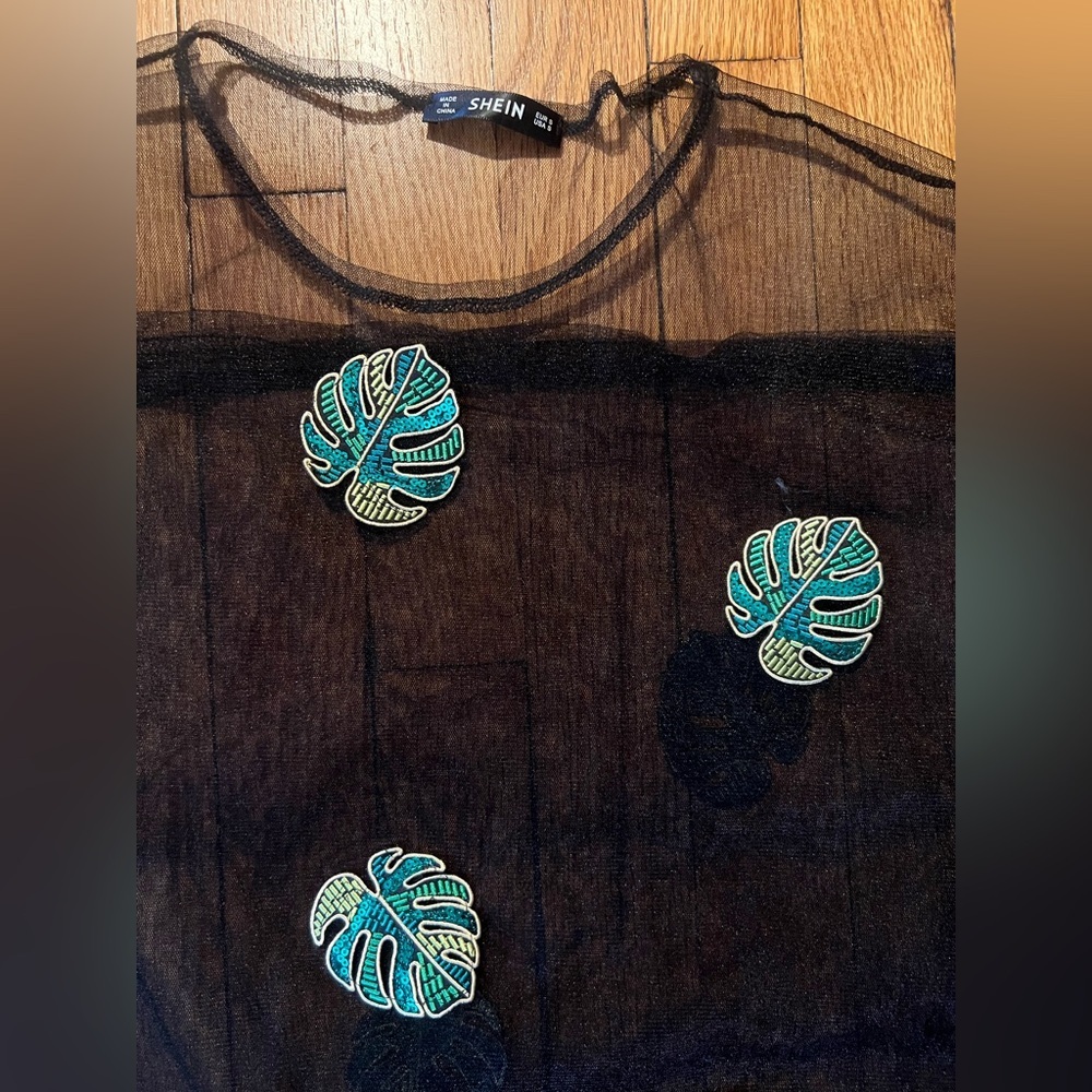 One of a kind!! Like new—Sheer Mesh Cover-Up w/ Monstera leaf patches Size S - Picture 3 of 3